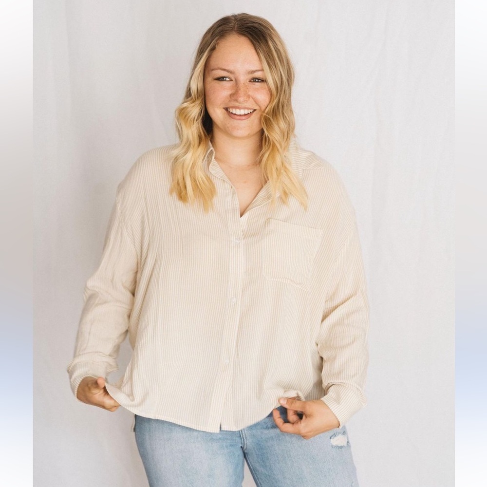 CJLA Cream + Tan Stripe Button Down